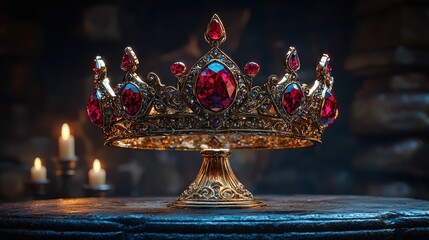 Elegant Ruby Studded Tiara Displayed on a Golden Stand Against Dark Background