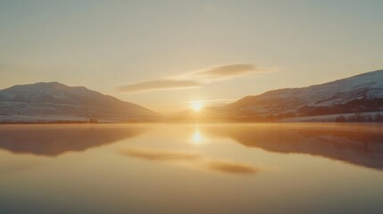 Obraz premium Golden Sunrise Over Snowy Mountains And Calm Lake