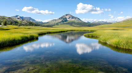 Fototapeta premium Mountain lake reflection, summer meadow, clear sky