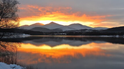 Fototapeta premium Stunning Sunset Over Snowcapped Mountains and Calm Lake