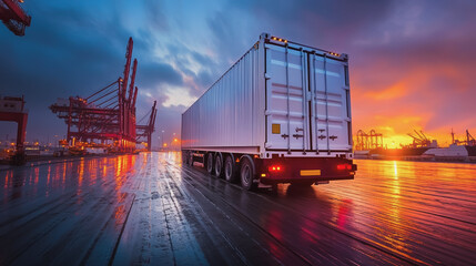 Container truck in ship port for business Logistics and transportation of Container Cargo ship and Cargo plane with working crane bridge in shipyard at sunrise, logistic import export and transport