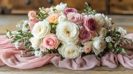 Pastel roses bouquet rustic table wedding decor