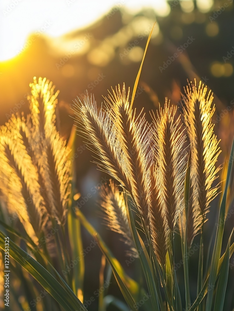 Poster golden sunlight illuminating tall grasses with a warm glow during sunset creating a beautiful scene 