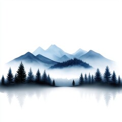 Obraz premium Tranquil Mountain Landscape with Foggy Forest Reflection in Serene Blue Tones at Dawn or Dusk