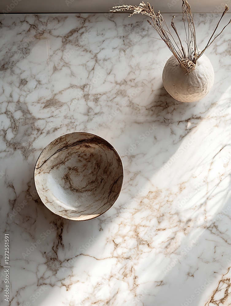 Poster minimalist still life featuring a rustic bowl and vase on a marble surface : generative ai