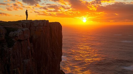 Dramatic Sunset with Lone Figure Standing on Cliffside Overlooking Ocean