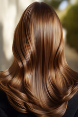Fototapeta premium Long brown wavy hair flowing in the wind, back view of a woman with healthy, shiny hair