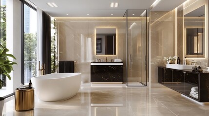 Luxurious Modern Bathroom with Elegant Finishes and Natural Light : Generative AI