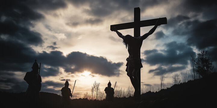 Jesus christ being crucified on the cross with roman soldiers watching during sunset