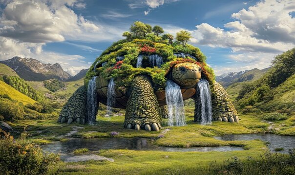 A giant turtle-shaped structure covered in lush greenery and waterfalls in a serene landscape