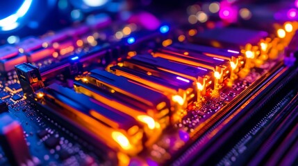 Fototapeta premium Vibrant Close-Up of Illuminated Computer RAM Slots