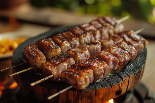 Churrasquinho brasileiro. espetinho de  carne de porco assada  sobre uma t&aacute;bua de corte em madeira