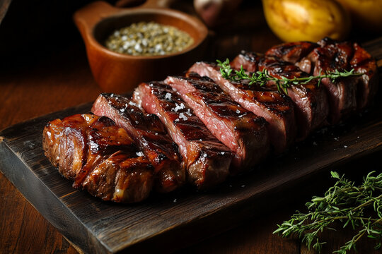 Tradicional churrasco brasileiro. Suculenta picanha assada e fatiada sobre uma t&aacute;bua de corte em madeira