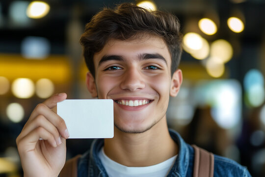 Um jovem rapaz segurando o seu documento, ou talvez seu cart&atilde;o ao lado do rosto
