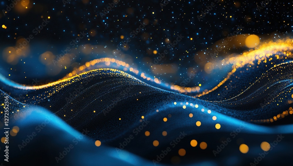 Poster abstract blue and gold particle waves flowing dynamically across screen, creating a stunning visual 