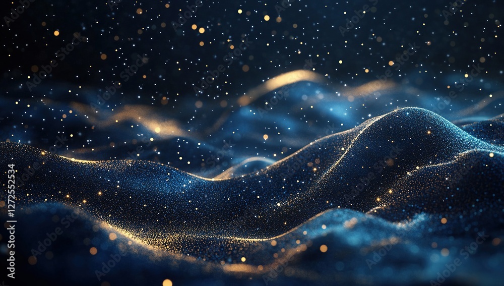 Poster blue and gold particle waves flowing dynamically in abstract space, creating a stunning visual maste