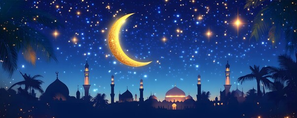 Arabian night with crescent moon over mosque silhouette landscape