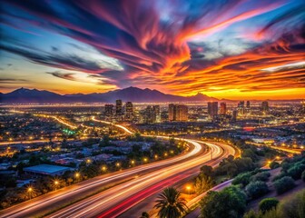 Fototapeta premium Phoenix Arizona Sunset Timelapse Panoramic Cityscape Long Exposure Photography