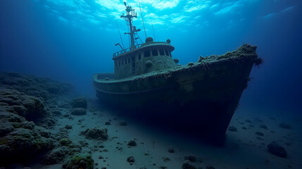 Sunken secrets of the deep: A ghostly shipwreck rests on the ocean floor, enshrouded in mystery and marine growth.