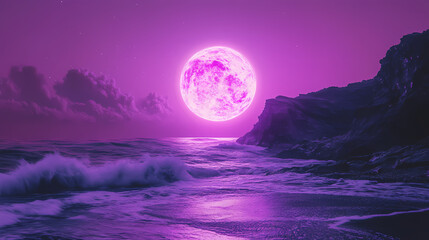Surreal purple planet viewed from a rugged coastline under a night sky, casting an eerie glow. Dreamlike Phosphorescent Waves. Illustration