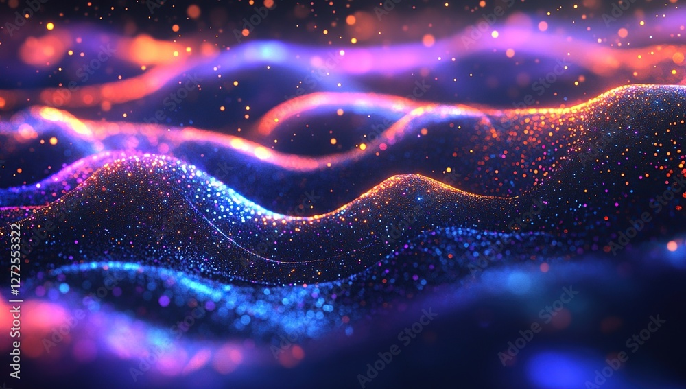 Poster vibrant particle waves flowing dynamically across screen, creating abstract art