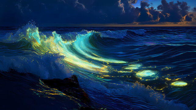 Swirling bioluminescent plankton creating glowing pheromone trails beneath the waves delicate and ephemeral patterns of light. Dreamlike Phosphorescent Waves. Illustration