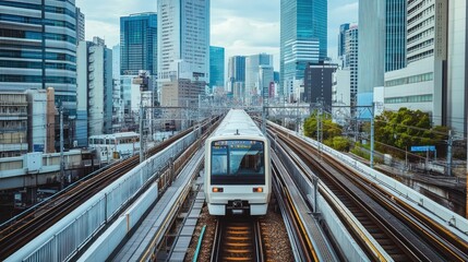 Naklejka premium Modern train approaching city skyscrapers on elevated tracks.