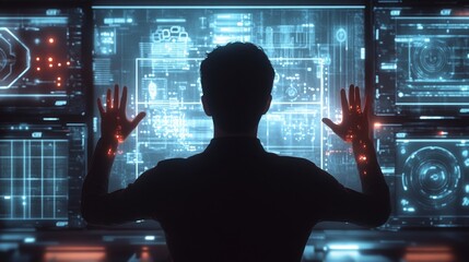 Assassination attempt inside a futuristic control room. Featuring a shadowy figure manipulating advanced tech