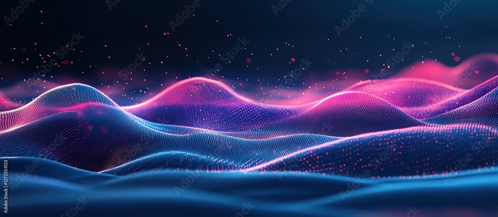 Poster abstract data visualization: dynamic particle waves flowing seamlessly in neon hues