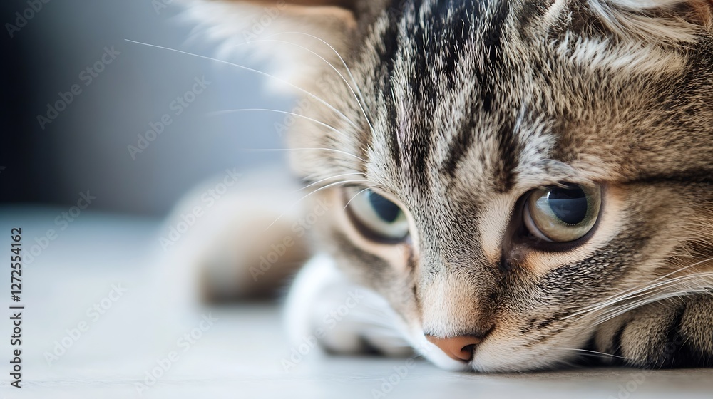 Aufkleber close up of a cute playful tabby cat resting and looking thoughtfully : generative ai