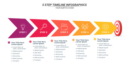 Arrow Goal Infographic Timeline with 5 Steps and Editable Text on a 16:9 Layout for Business Presentation, Poster, Banner and Booklet.