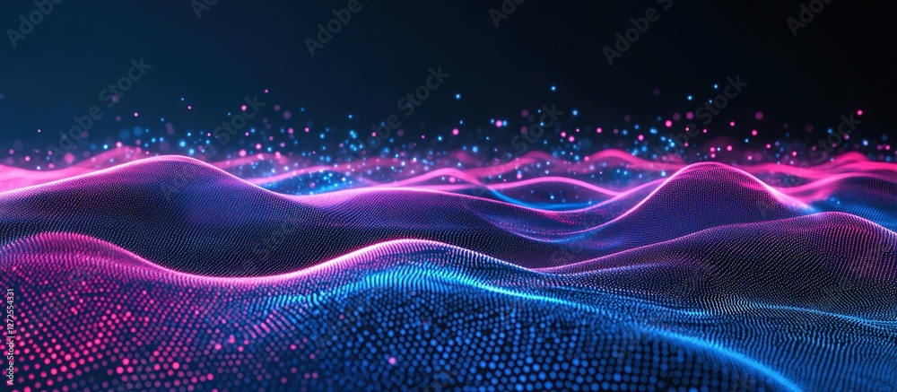Poster abstract waves of data flowing dynamically with vibrant neon colors, creating a futuristic digital l