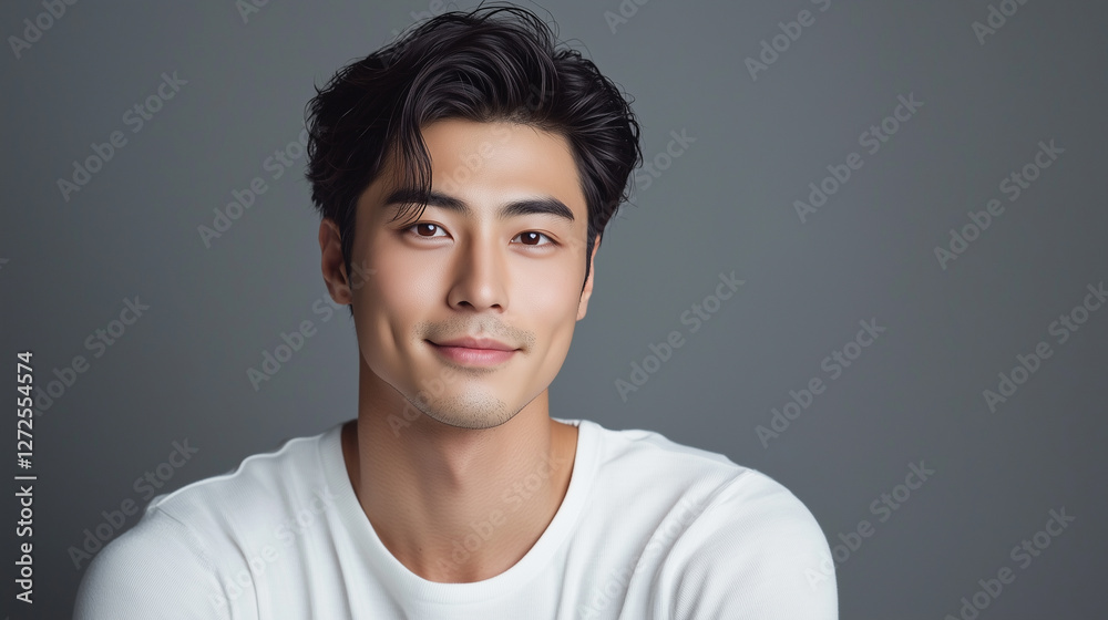 Poster かっこいいイケメンアジア人男性のポートレート。グレーの背景を背に微笑んでいる爽やかな広告撮影。