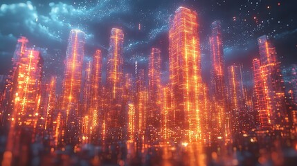 Fototapeta premium Glowing futuristic city at night, digital art, urban fantasy background, website banner