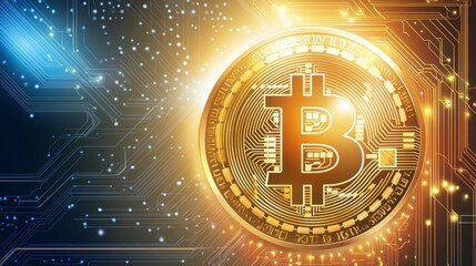 Golden bitcoin symbol on futuristic circuit background