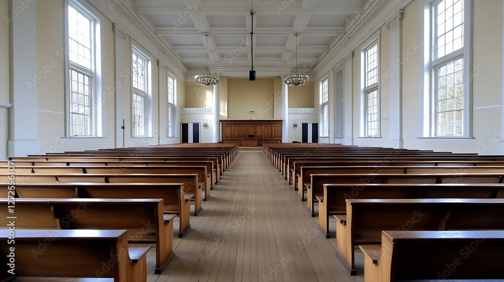 Poster spacious interior view of a hall with rows of wooden benches : generative ai