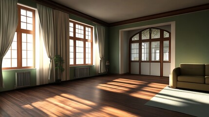 Spacious and Bright Living Room with Large Windows and Elegant Sunlit Aura : Generative AI