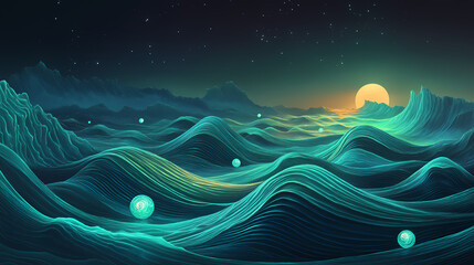 Celestial waves a nighttime ocean with ethereal glow and glowing orbs on the surface. Dreamlike Phosphorescent Waves. Illustration