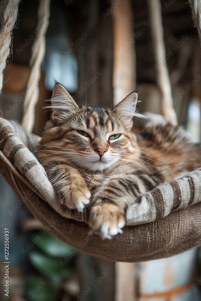 Aufkleber cute tabby cat relaxing in a cozy hanging hammock with a serene backdrop : generative ai