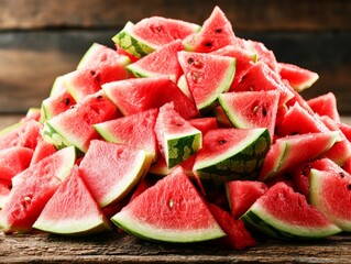 Freshly cut watermelon slices piled high on a rustic wooden table background
