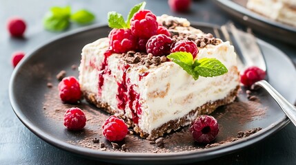 Delicious Raspberry Cream Cake with Chocolate Crumbs on a Black Plate : Generative AI