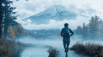 A kai ken dog running through a misty valley in japan nature photography serene landscape capturing adventure