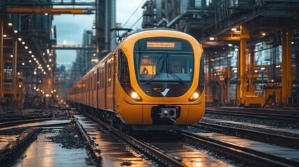 Modern yellow train on railway tracks in industrial setting.