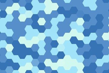 Hexagonal pixelated pattern in blue and soft blue gradient. Digital abstract concept