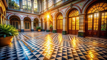 Obraz premium Provincial French Atrium with Repeating Tile Floor Pattern - Stock Photo