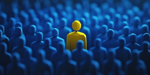 Obraz premium One brilliant yellow leader figure among blue crowd, leadership, unique talent selection, business recruitment
