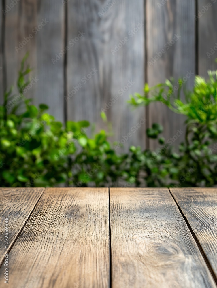 Aufkleber Natural Wooden Tabletop with Green Plants and Rustic Background : Generative AI