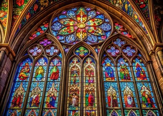 Obraz premium Radiant Stained Glass Window, Gothic Cathedral Interior, Architectural Detail, Colorful Light, Vitraux Art