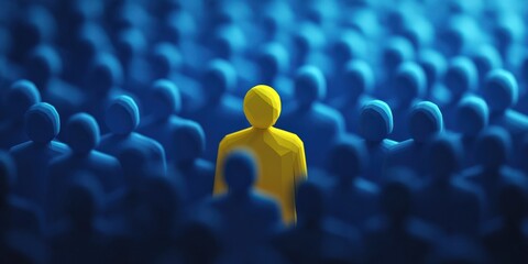 One brilliant yellow leader figure among blue crowd, leadership, unique talent selection, business recruitment