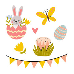 Cute spring decorations featuring a bunny, butterfly, flowers, and Easter eggs placed in a colorful arrangement for celebration